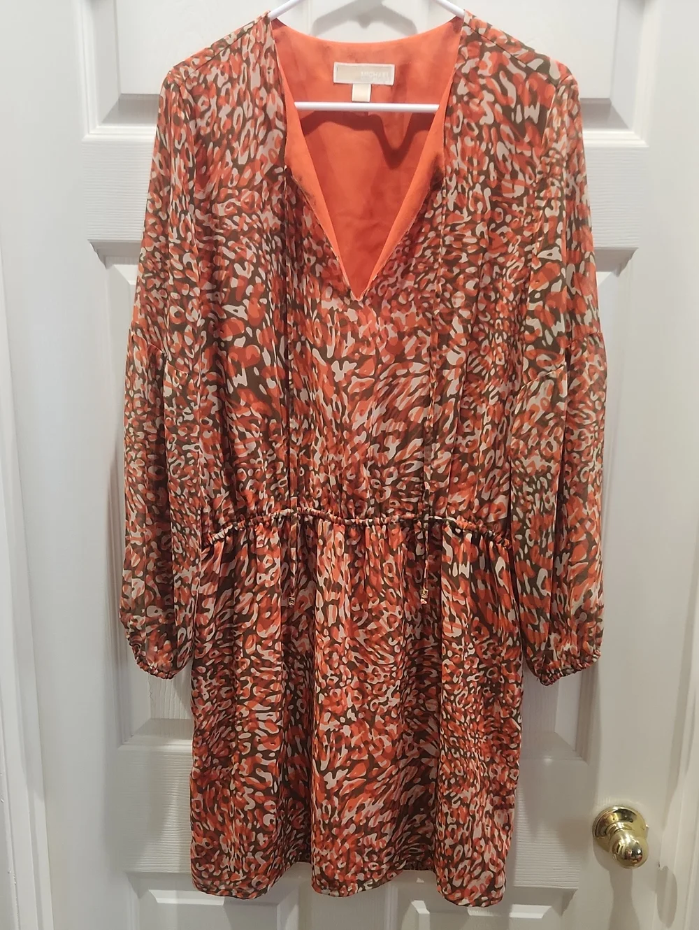 Michael Kors Orange Animal-Print Long-Sleeve V-Neck Dress
